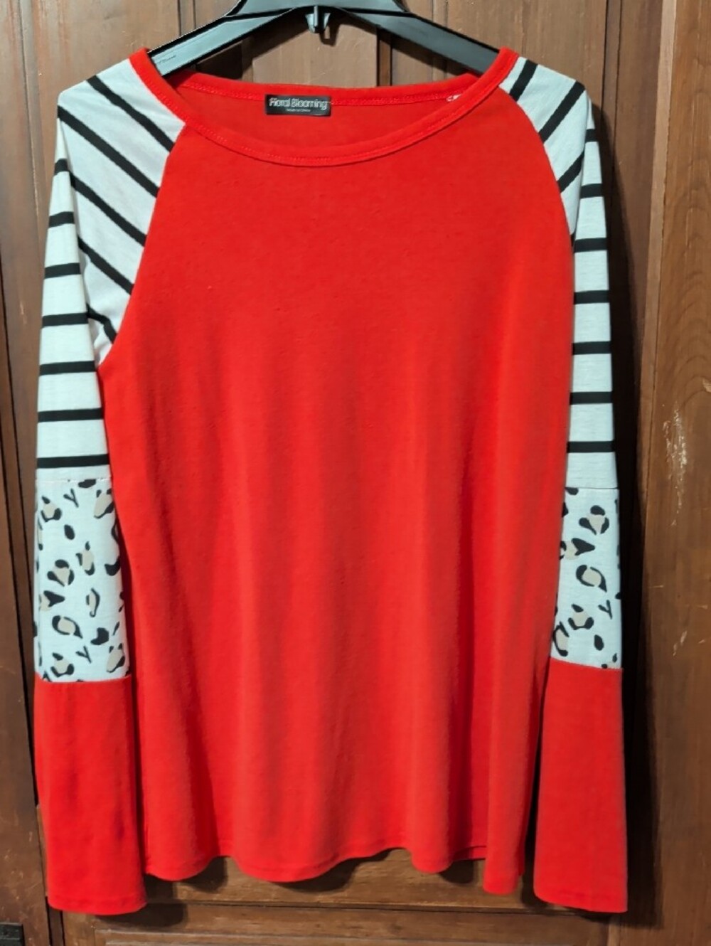 Floral Blooming Women's Red Raglan Long Sleeve Top with Striped & Leopard Panels